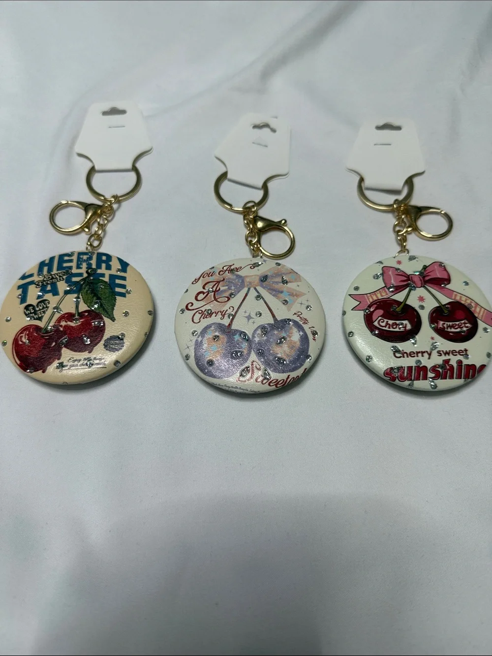 Sets of 3 Cherry Graphic Keychain Trio – Red & Cream Charm Set Mirrors